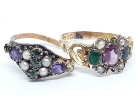 Two hallmarked 15ct gold Suffragette style rings, gross wt. 3.1g, size K & P.Condition: one seed pearl missing to one ring wi