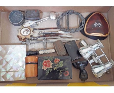 A box of bric a brac to include a pair of mother of pearl and abalone opera glasses, papier mache and other snuff boxes, a vi