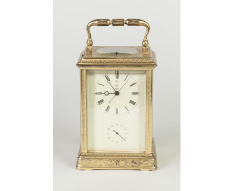 CARRIAGE CLOCK WITH ALARM, the cream enamelled dial with Roman numerals, signed to the centre with three Oriental character m