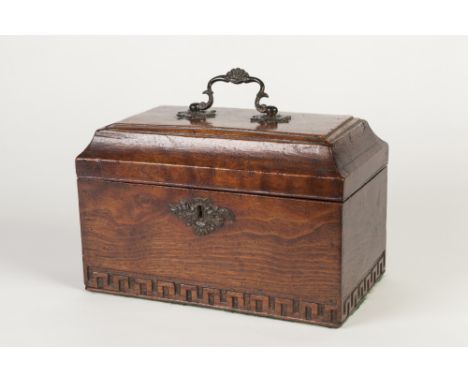 GEORGE III OAK TEA CADDY with divided interior, having a cast brass bail carrying handle                                     