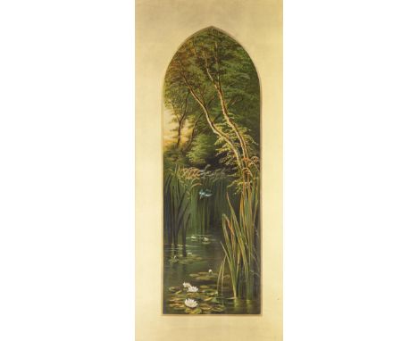 UNATTRIBUTED (EARLY TWENTIETH CENTURY BRITISH SCHOOL) OIL PAINTING ON PANEL Kingfisher over a lily pond Gilt framed and glaze