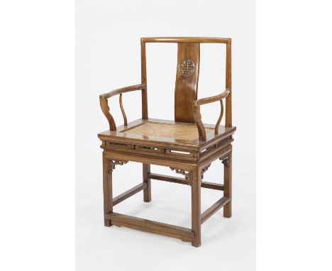 CHINESE CARVED WALNUT OPEN ARMCHAIR, the square back with carved roundel to the solid splat, above a pair of wavy arms with s