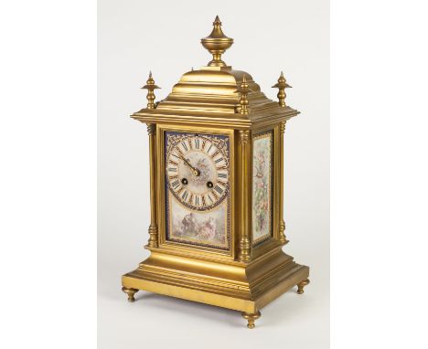 LATE NINETEENTH CENTURY FRENCH ORMOLU AND PORCELAIN MOUNTED MANTLE CLOCK WITH STAND, the oblong face with 3 ¾" Roman dial wit