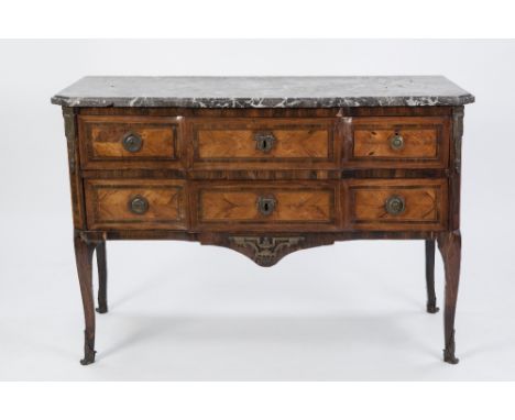 LATE EIGHTEENTH/ EARLY NINETEENTH CENTURY FRENCH ROSEWOOD COMODE WITH GILT METAL MOUNTS AND MARBLE TOP, the canted oblong bla