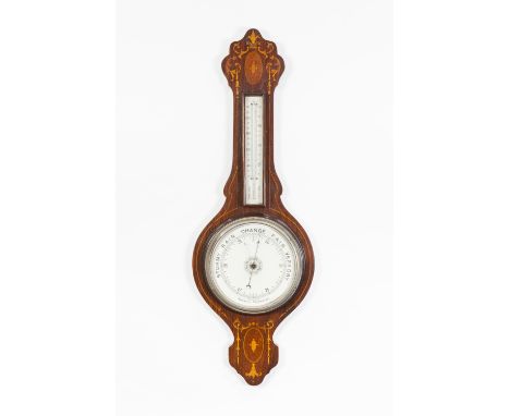 EDWARDIAN MARQUETRY AND LINE INLAID WALNUT ANERIOD BAROMETER, the 8" dial housed in a banjo shaped case inlaid with bell husk