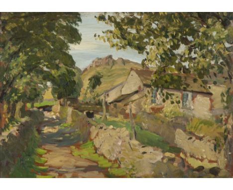 ATTRIBUTED TO THOMAS DUGDALE OIL PAINTING ON PANEL 'Ladder Rocks Farm, Combs' Attributed and titled to Charles Nicholls & Son