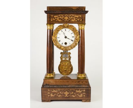 J.CHARLES A PARIS, NINETEENTH CENTURY INLAID ROSEWOOD AND ORMOLU MOUNTED EMPIRE STYLE PORTICO MANTLE CLOCK, the 3 ¼" Roman di