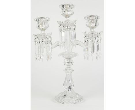 THREE PIECE BACCARAT, FRENCH MOULDED GLASS TABLE GARNITURE, comprising: THREE LIGHT, TWIN SCROLL ARM CANDLEABRA with prismati