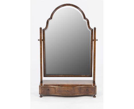 GOOD MODERN REPRODUCTION FLAME CUT MAHOGANY LARGE TOILET MIRROR IN THE QUEEN ANNE STYLE, the shaped, bevel edged plate in a m