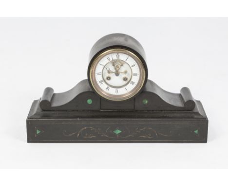 LATE VICTORIAN CARVED BLACK SLATE MANTLE CLOCK, the 4 ¾" two part Roman dial with visible brocot escapement, powered by a dru