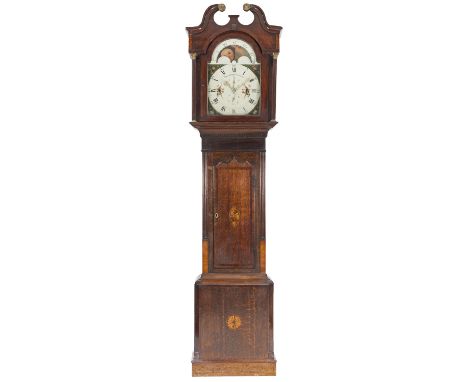 EARLY NINETEENTH CENTURY INLAID OAK AND MAHOGANY LONGCASE CLOCK WITH ROLLING MOON PHASE, SIGNED BARRACLOUGH, HAWORTH, the 14"