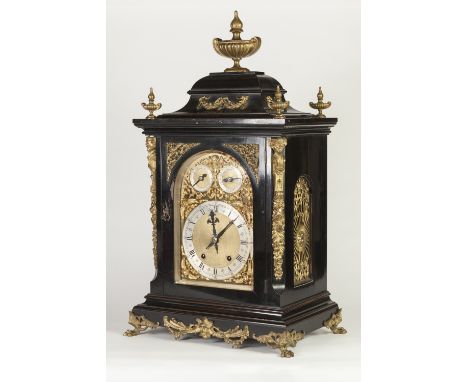 WINTERHALDER & HOFMEIER NINETEENTH CENTURY GILT METAL MOUNTED DARK MAHOGANY STAINED TABLE CLOCK, the 8 ¾" brass dial with sil