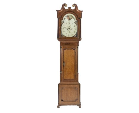 LATE EIGHTEENTH CENTURY LINE INLAID OAK AND MAHOGANY CROSSBANDED OAK LONGCASE CLOCK WITH ROLLING MOON PHASE, SIGNED WALKER, C