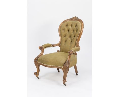 VICTORIAN CARVED BLOND WALNUTWOOD  SPOON BACK OPEN ARMCHAIR, WITH BUTTON UPHOLSTERED BACK 