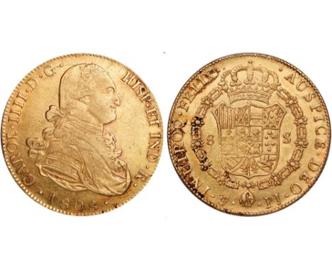 Foreign Coins and Medals, Bolivia, Carlos IV, 8 escudos, 1808PJ, Potosi, armoured bust r., rev. crowned arms within Order cha