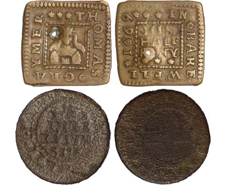 British Tokens, Seventeenth Century Tokens, Derbyshire, Bakewell, Thomas Graymer, square-shaped halfpenny, 1669, Mercers’ Arm