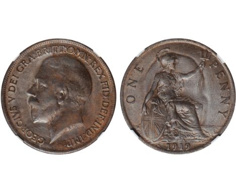 British Coins, George V, penny, 1919H, Heaton mint, bare head l., rev. Britannia std. r., with shield and trident (S.4052; Pe
