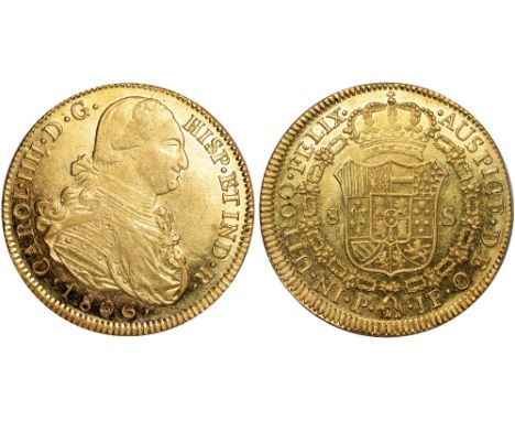 Foreign Coins and Medals, Colombia, Carlos IV, 8 escudos, 1801JF, Popayan, uniformed bust r., rev. crowned shield of arms wit