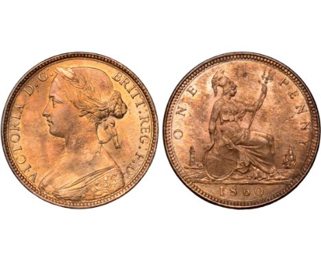 British Coins, Victoria, penny, 1860, toothed border, obv. young bust l., signature on cape, colon dots : after G: of D: G: t