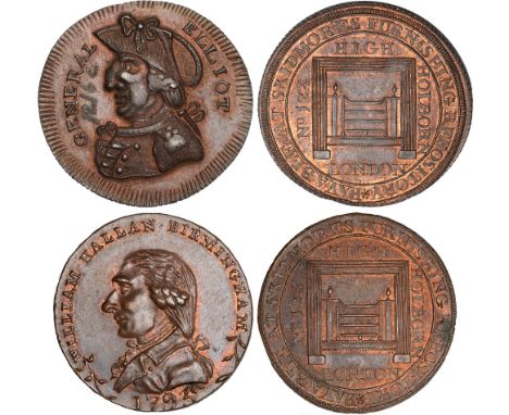 British Tokens, Eighteenth Century Tokens, Middlesex, [Paul] Skidmore, mule halfpennies (2), register stove, revs. bust l., W