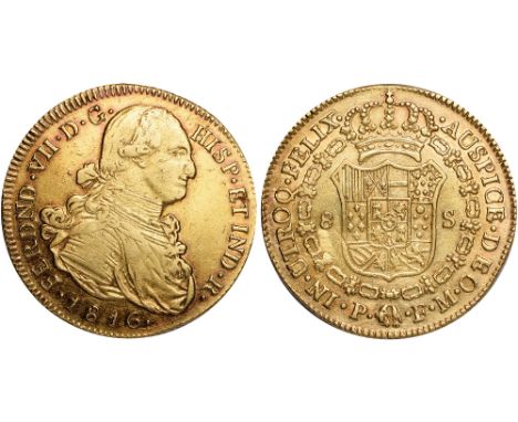 Foreign Coins and Medals, Colombia, Ferdinand VII, 8 escudos, 1816FM, Popayan, uniformed bust r., rev. crowned shield of arms