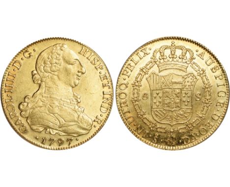 Foreign Coins and Medals, Chile, Carlos IV, 8 escudos, 1797DA, Santiago, bust r., rev. crowned shield of arms within Order ch