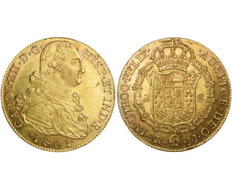 Foreign Coins and Medals, Colombia, Carlos IV, 8 escudos, 1801JJ, Nuevo Reino de Santa Fe de Bogota, uniformed bust r., rev. 