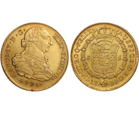 Foreign Coins and Medals, Peru, Carlos IV, 8 escudos, 1791IJ, Lima, bust r., rev. crowned shield of arms within Order chain (