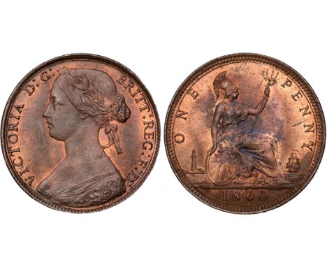 British Coins, Victoria, penny, 1860, toothed border, obv. young bust l., signature below cape, colon dots : after G: of D: G