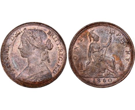 British Coins, Victoria, penny, 1860, beaded border, obv. young bust l., thin rim, rev. Britannia std. r., with shield and tr