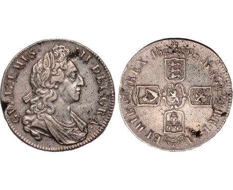 British Coins, William III, crown, 1695, SEPTIMO, first laur. and dr. bust r. rev. crowned cruciform shields, cinquefoils on 