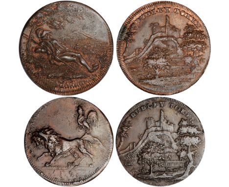British Tokens, Eighteenth Century Tokens, Worcestershire, Dudley, halfpennies (2), trees in landscape, the Castle in backgro