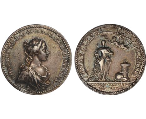 British Commemorative Medals, George III, Queen Charlotte, official silver Coronation medal, 1761, by L. Natter, bust r., rev