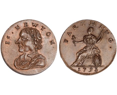 British Tokens, Eighteenth Century Tokens, Middlesex, Social series, farthings, 1793 (4), bust of Isaac Newton l., revs. corn