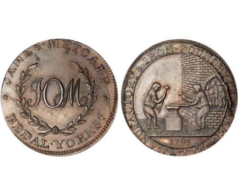 British Tokens, Eighteenth Century Tokens, Middlesex, [Paul] Skidmore, mule halfpennies, 1795 (2), men working at forge, revs