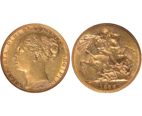  G British Coins, Victoria, sovereign, 1886M, WW complete, horse with short tail, small BP in exergue, second young head l., 