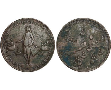 British Commemorative Medals, Admiral Edward Vernon, Capture of Cartagena, silver medal, 1741, standing figure between two fo