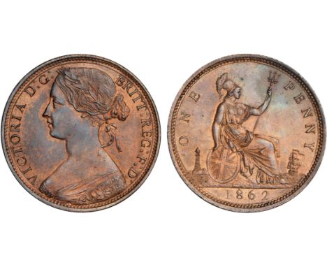 British Coins, Victoria, penny, 1862, dies 6 + G, young bust l., rev. Britannia std. r., with shield and trident (S.3954), ab