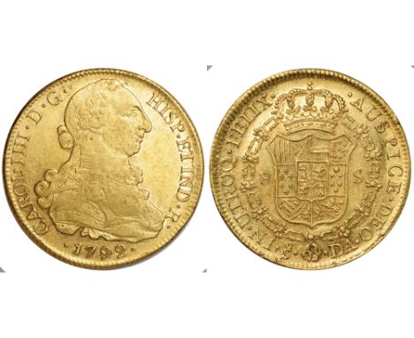 Foreign Coins and Medals, Chile, Carlos IV, 8 escudos, 1792DA, Santiago, bust r., rev. crowned shield of arms within Order ch