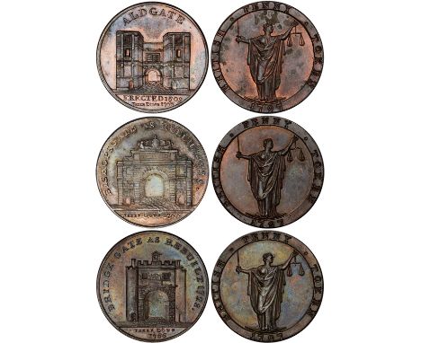 British Tokens, Eighteenth Century Tokens, Middlesex, Kempson's buildings series, pennies (3), rev. Justice standing, 1797, o