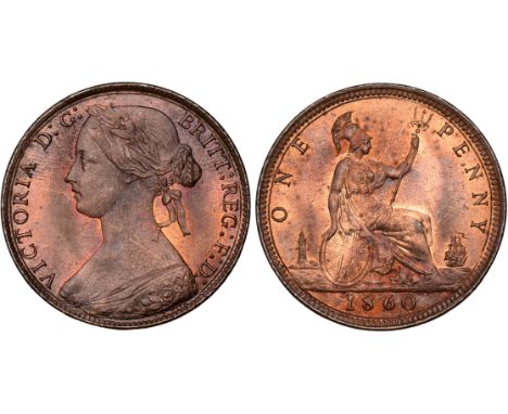 British Coins, Victoria, penny, 1860, toothed border, obv. young bust l., signature below cape, colon dots : after G: of D: G