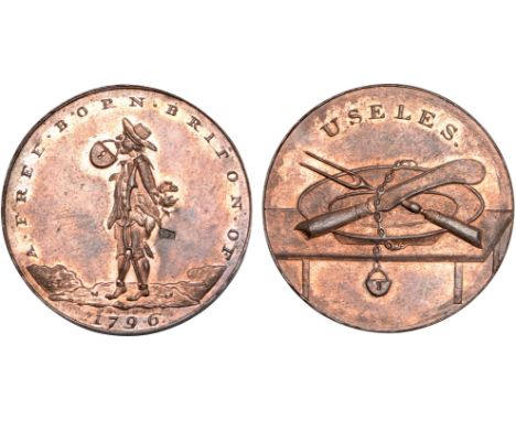 British Tokens, Eighteenth Century Tokens, Middlesex, [Paul] Skidmore, halfpenny, 1796, man with handcuffs and leg-irons, mou