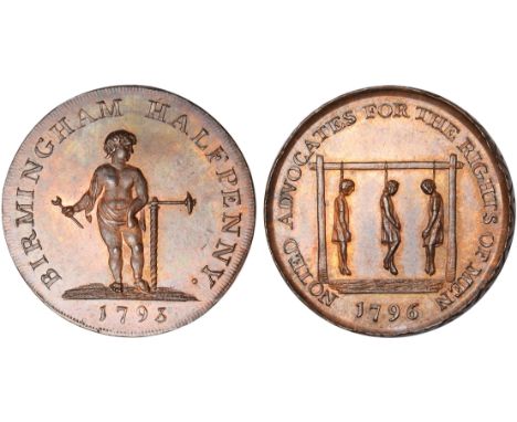 British Tokens, Eighteenth Century Tokens, Warwickshire, Birmingham, mule halfpenny, 1796, boy with spanner, leaning on large