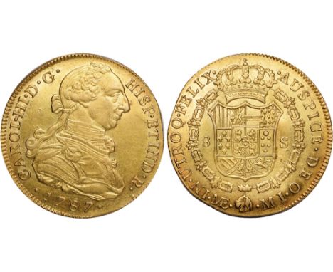 Foreign Coins and Medals, Peru, Carlos III, 8 escudos, 1787MI, Lima, bust r., rev. crowned shield of arms within Order chain 