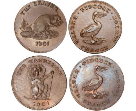 British Tokens, Eighteenth Century Tokens, Middlesex, Pidcock, farthings, 1801 (2), beaver, rev. pelican (DH.1072); monkey, r