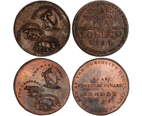 British Tokens, Eighteenth Century Tokens, Middlesex, T. Hall, halfpennies, 1795 (2), kangaroo, armadillo and rhinoceros, rev
