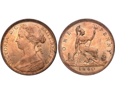 British Coins, Victoria, penny, 1860, toothed border, obv. young bust l., signature on cape, colon dots : after G: of D: G: t