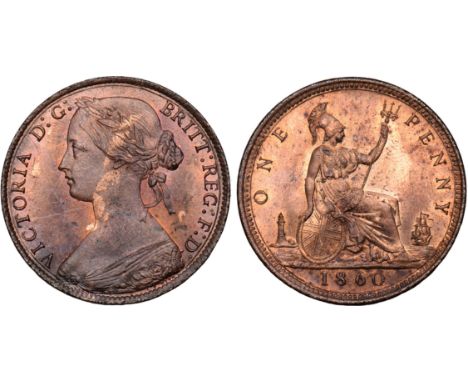 British Coins, Victoria, penny, 1860, toothed border, obv. young bust l., signature below cape, colon dots : after G: of D: G