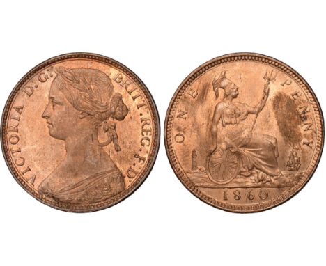 British Coins, Victoria, penny, 1860, toothed border, obv. young bust l., signature on cape, colon dots : after G: of D: G: t