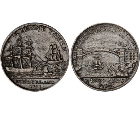 British Tokens, Eighteenth Century Tokens, Durham, Sunderland, penny in lead alloy, 1797, iron bridge, ship sailing beneath, 